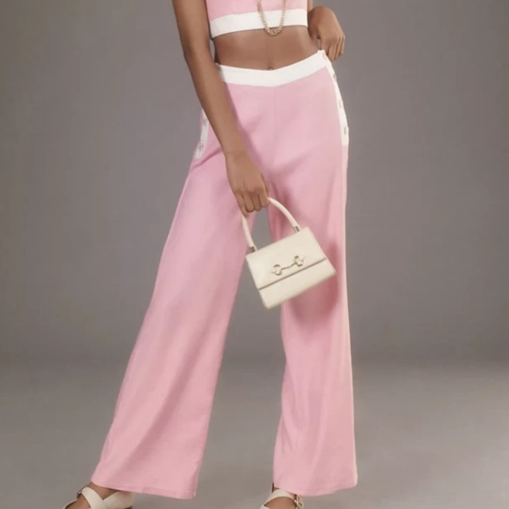 Maeve Anthropologie Linen Side-Button Trousers Pink